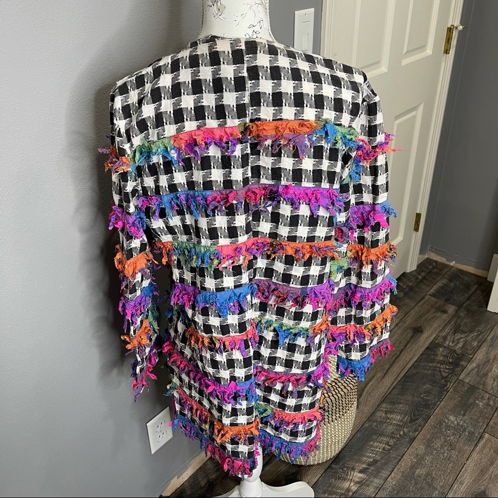 Vintage Paula Sweet Women’s Muslin Mink Fringe Neon Gingham Cardigan Top Medium - Picture 3 of 4